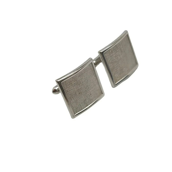Textured Square Cufflinks Silver Tone Vintage Unisex - Picture 2 of 4